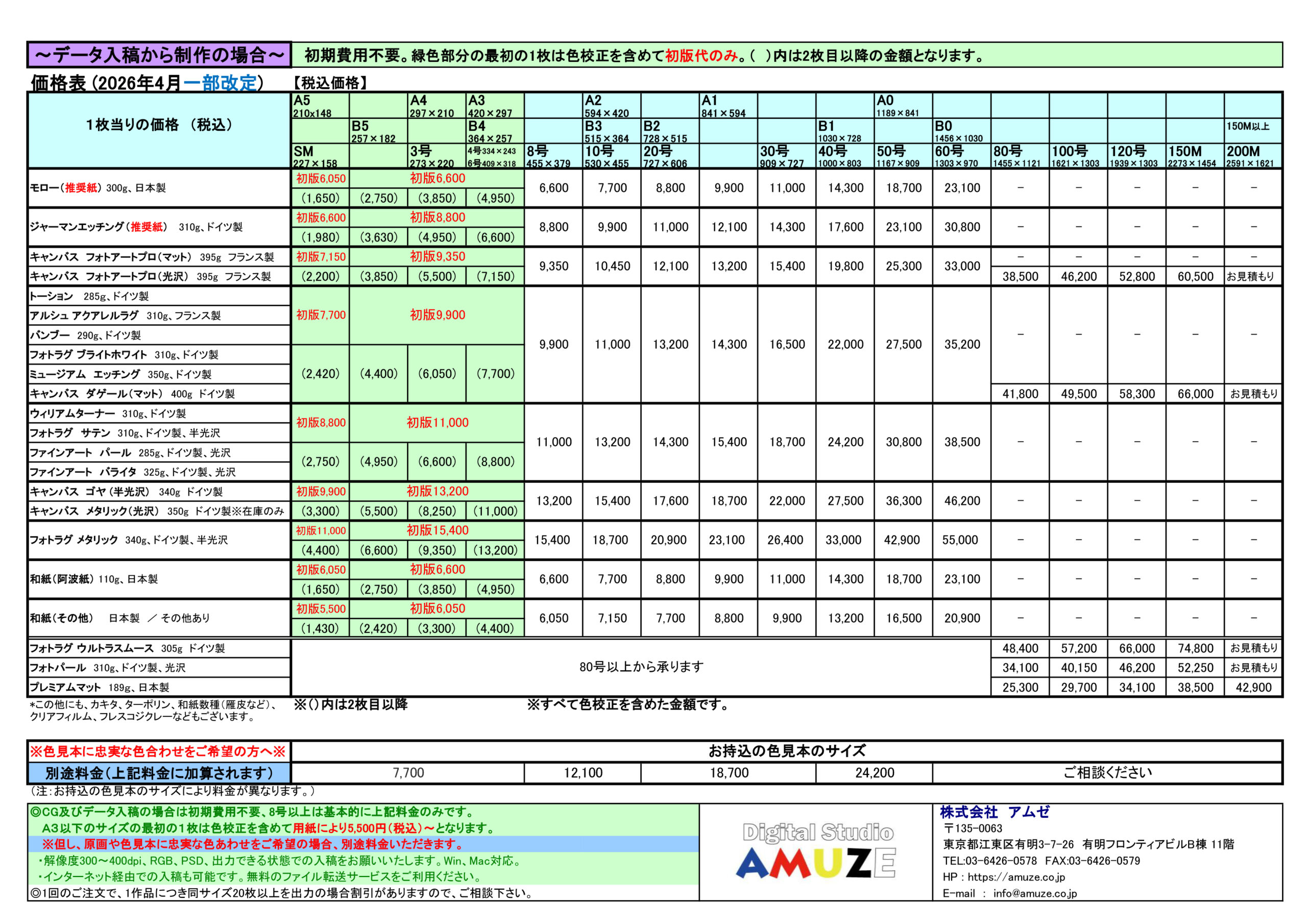 データからジクレー印刷をする場合の価格表